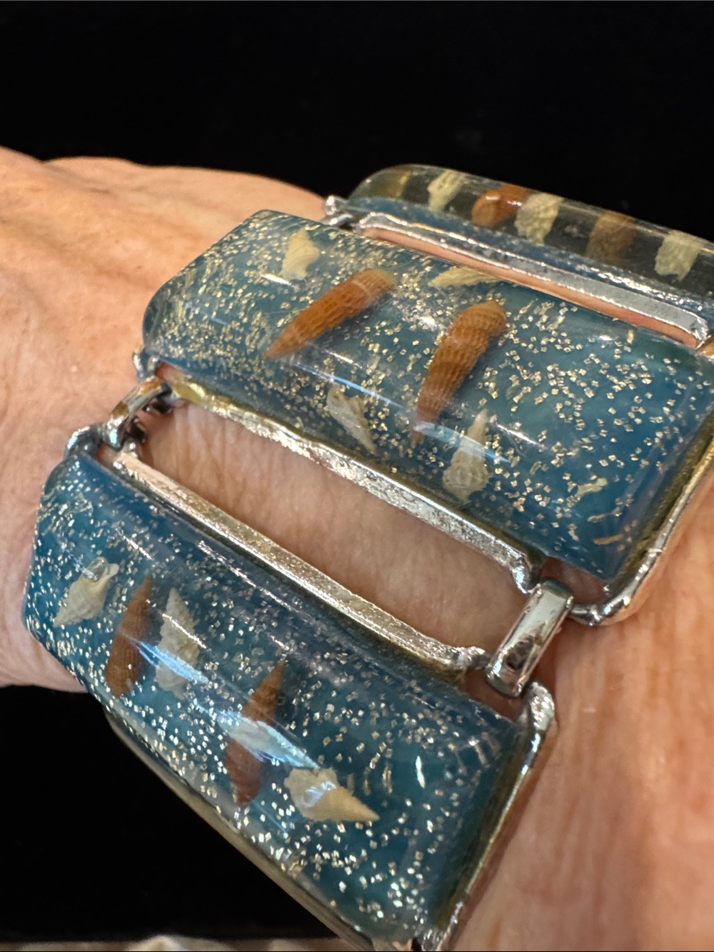 Mid-Century Turquoise Lucite Panel Link Seashell Bracelet. Earrings also listed!